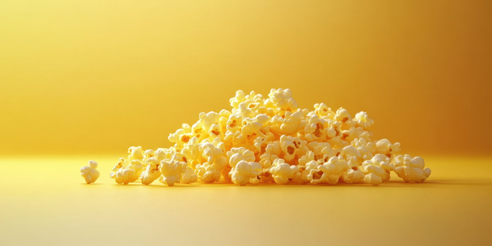 Pile of freshly popped popcorn on a vibrant yellow background ready for movie night snacks